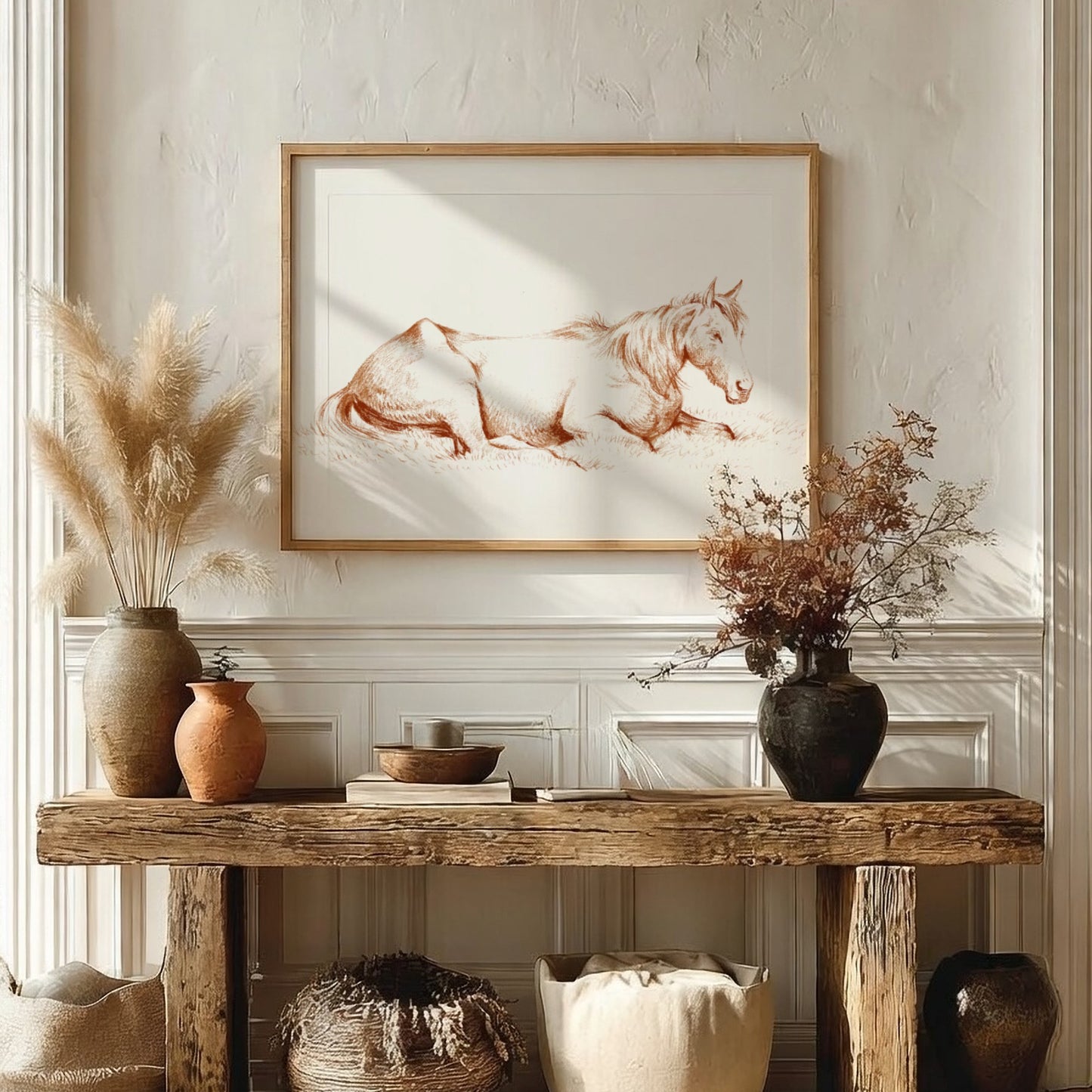 Vintage drawing of a horse lying in grass, rendered in brown ink, framed in wood.