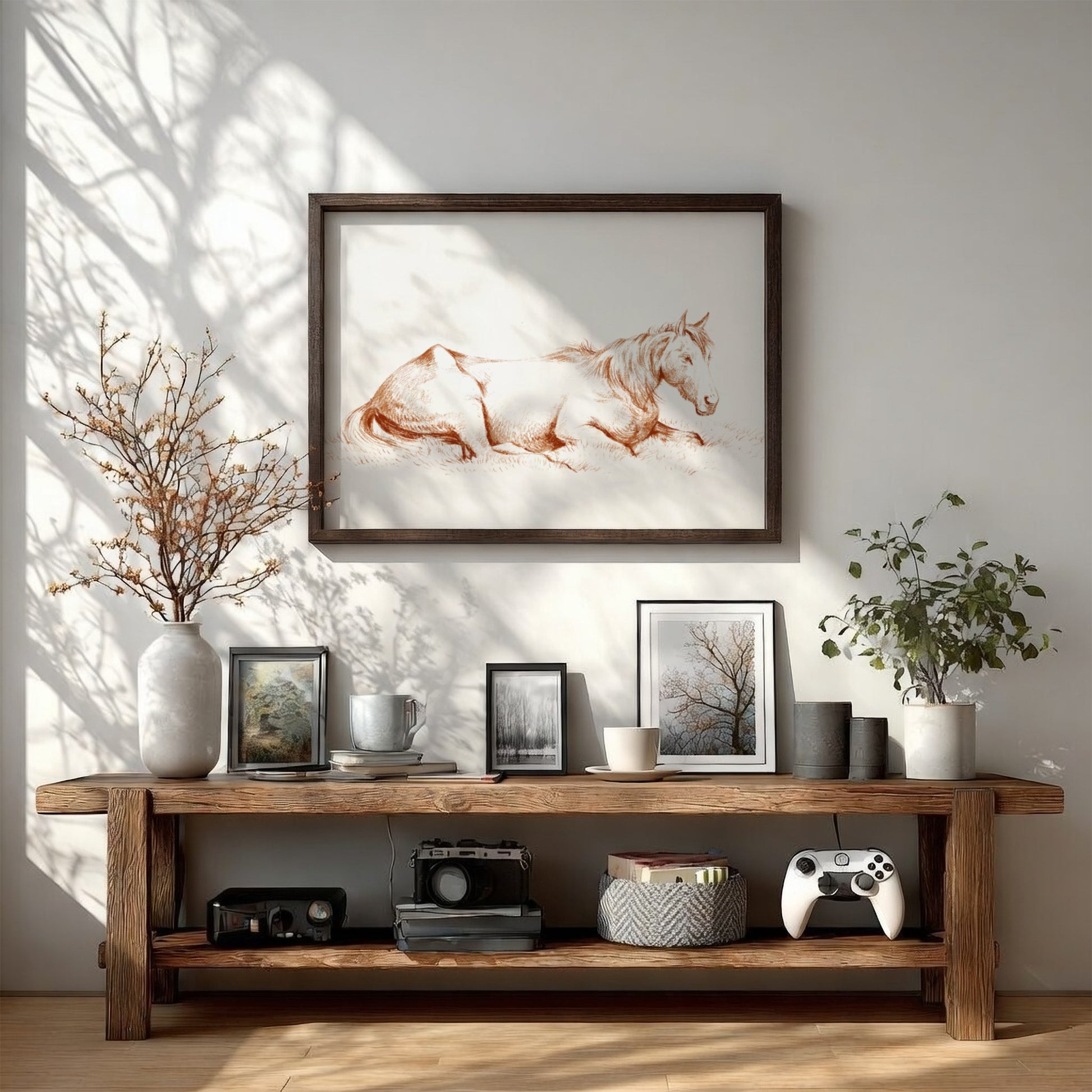 Vintage drawing of a horse lying in grass, rendered in brown ink, framed in wood.