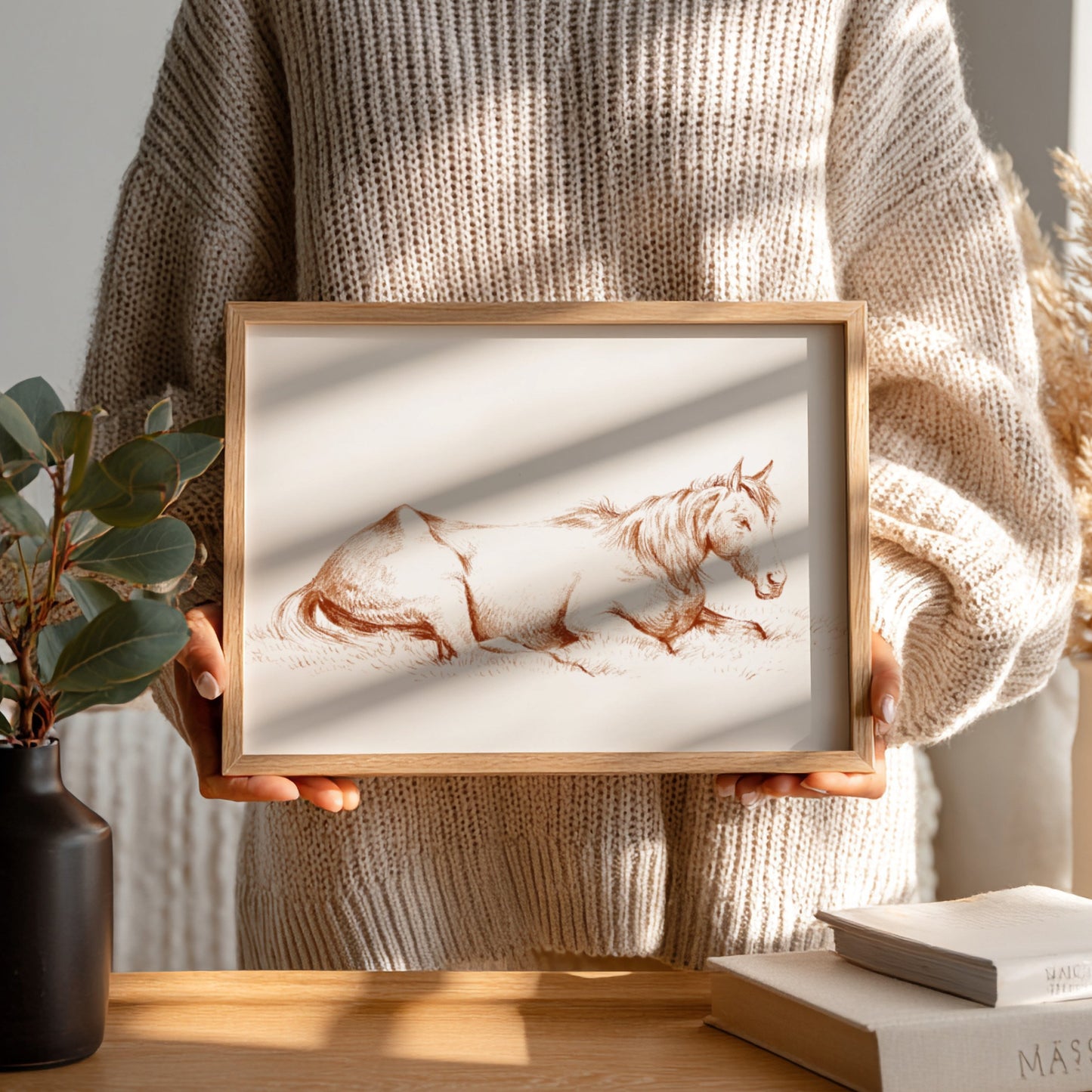 Vintage drawing of a horse lying in grass, rendered in brown ink, framed in wood.