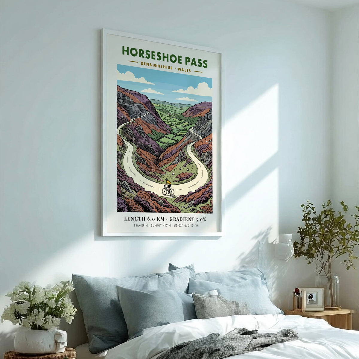 Poster of Horseshoe Pass in Denbighshire featuring a cyclist on a winding road