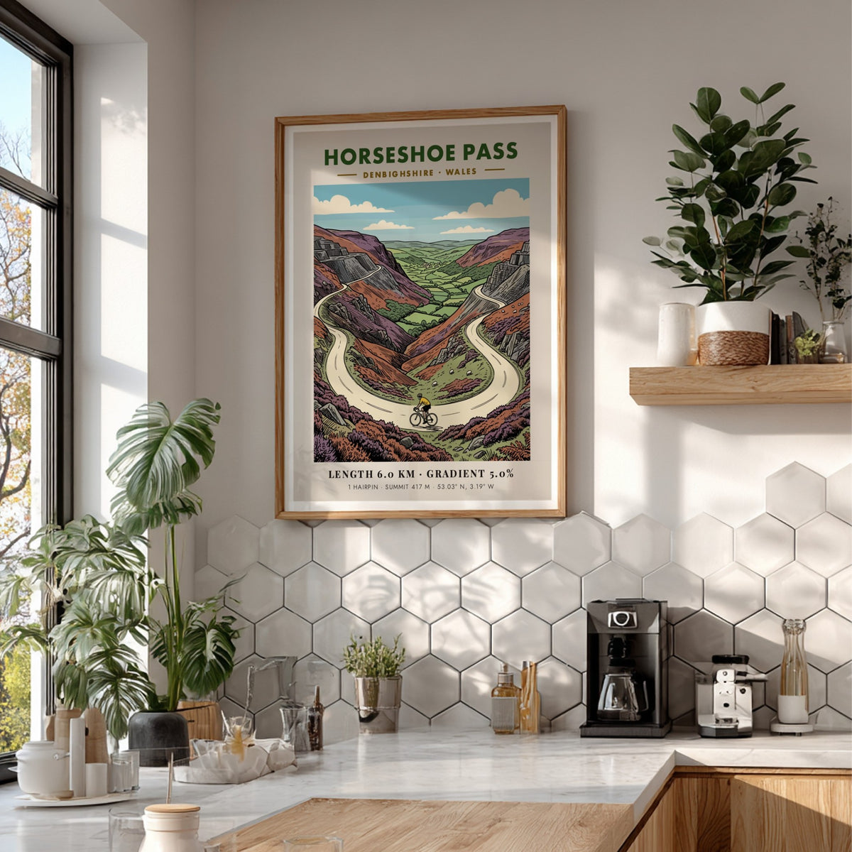 Poster of Horseshoe Pass in Denbighshire featuring a cyclist on a winding road