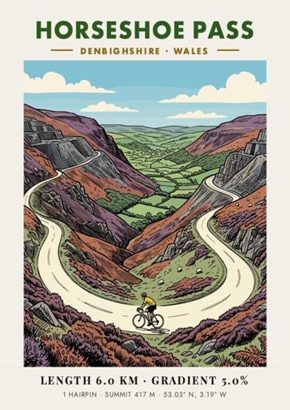 Poster of Horseshoe Pass in Denbighshire featuring a cyclist on a winding road