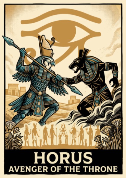 Poster featuring Horus and Set in a dramatic Egyptian myth battle with gold palette