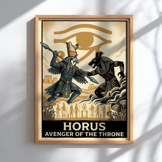 Poster featuring Horus and Set in a dramatic Egyptian myth battle with gold palette