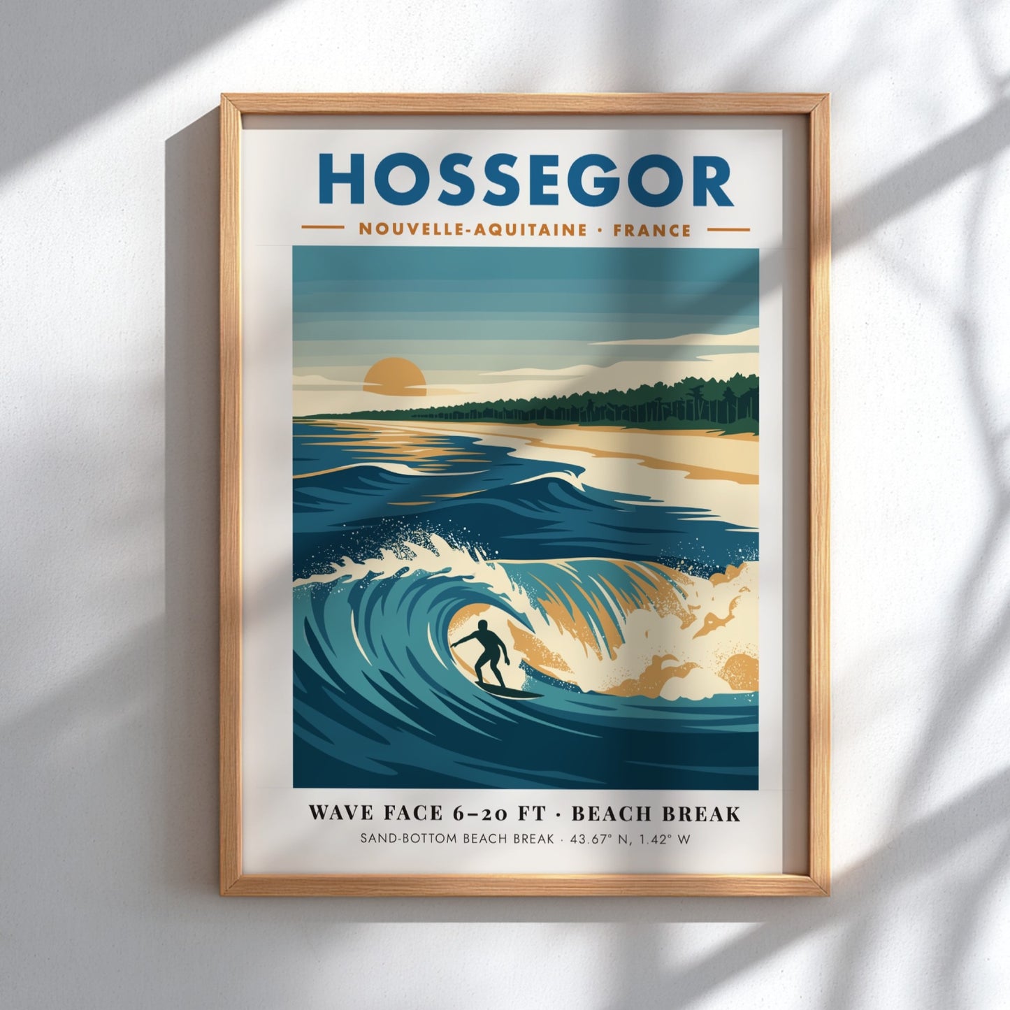 Hossegor surf poster with a lone surfer riding a blue wave at sunset