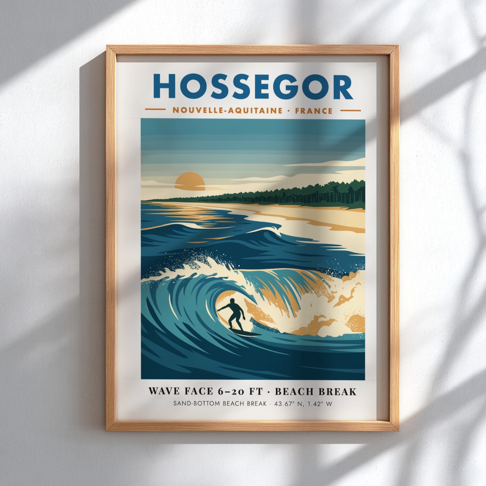 Hossegor surf poster with a lone surfer riding a blue wave at sunset