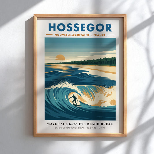 Hossegor surf poster with a lone surfer riding a blue wave at sunset