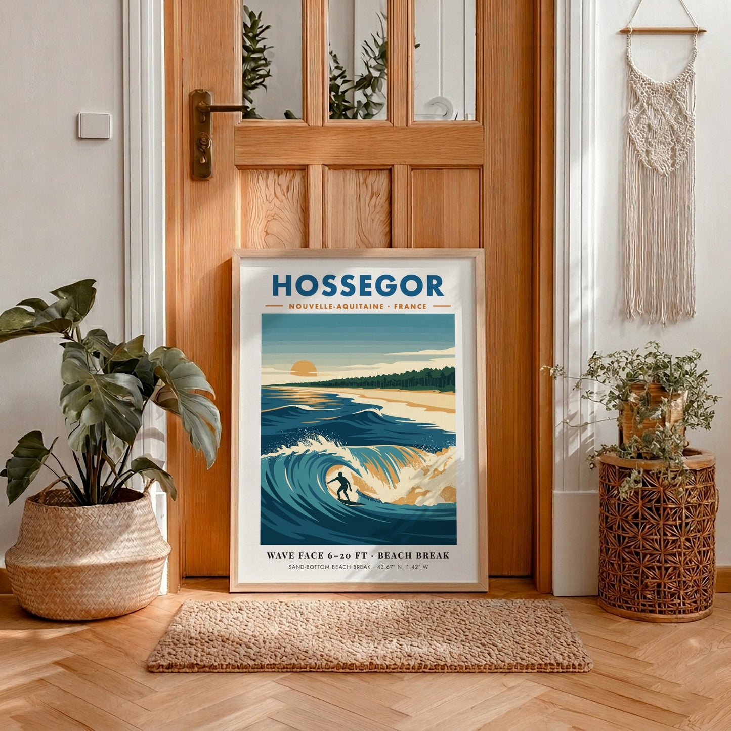Hossegor surf poster with a lone surfer riding a blue wave at sunset