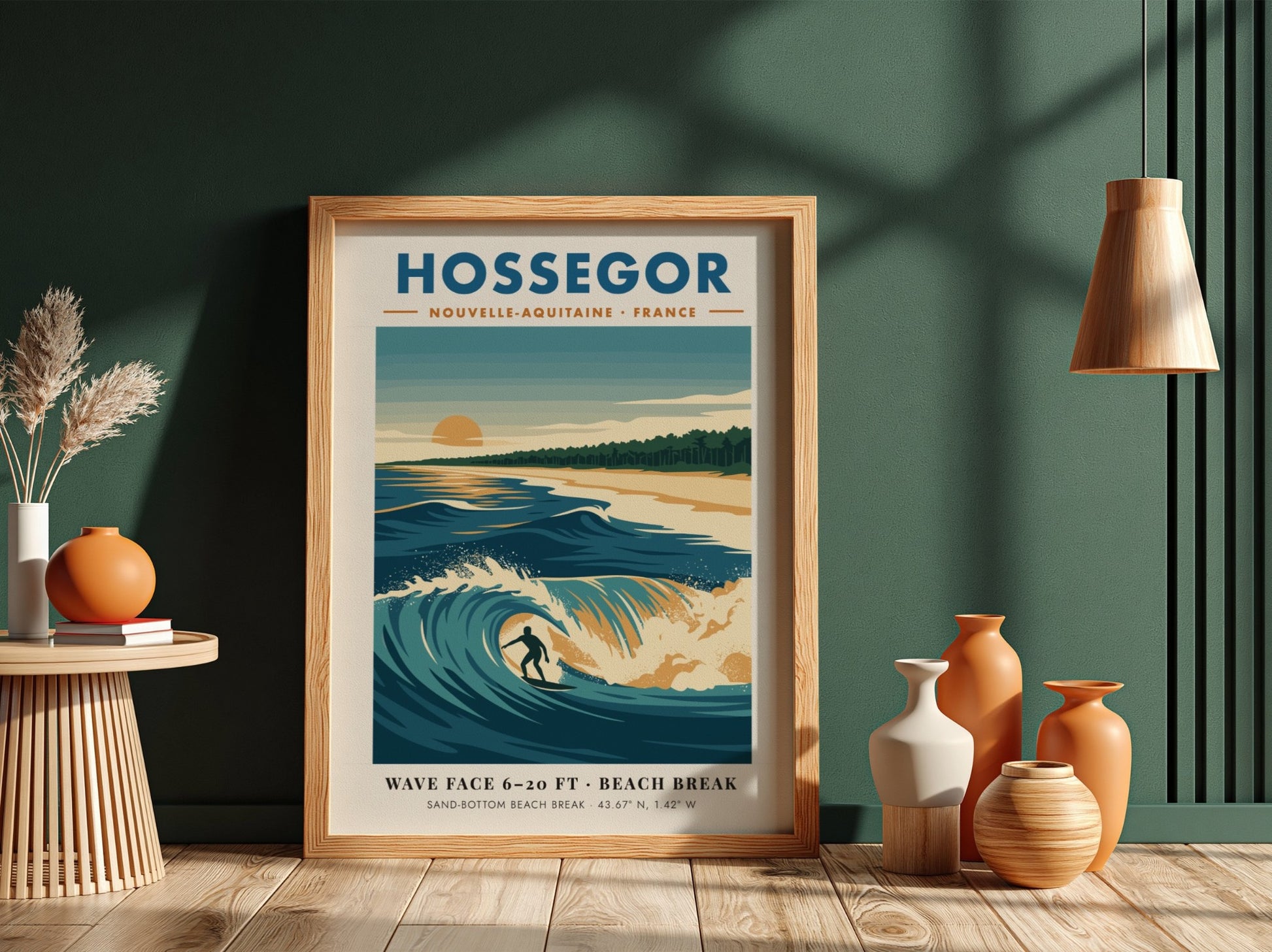 Hossegor surf poster with a lone surfer riding a blue wave at sunset