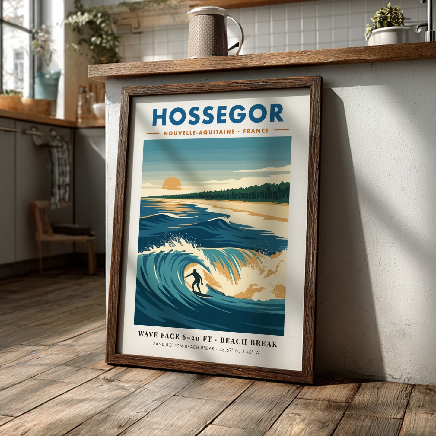 Hossegor surf poster with a lone surfer riding a blue wave at sunset
