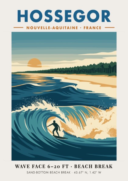 Hossegor surf poster with a lone surfer riding a blue wave at sunset