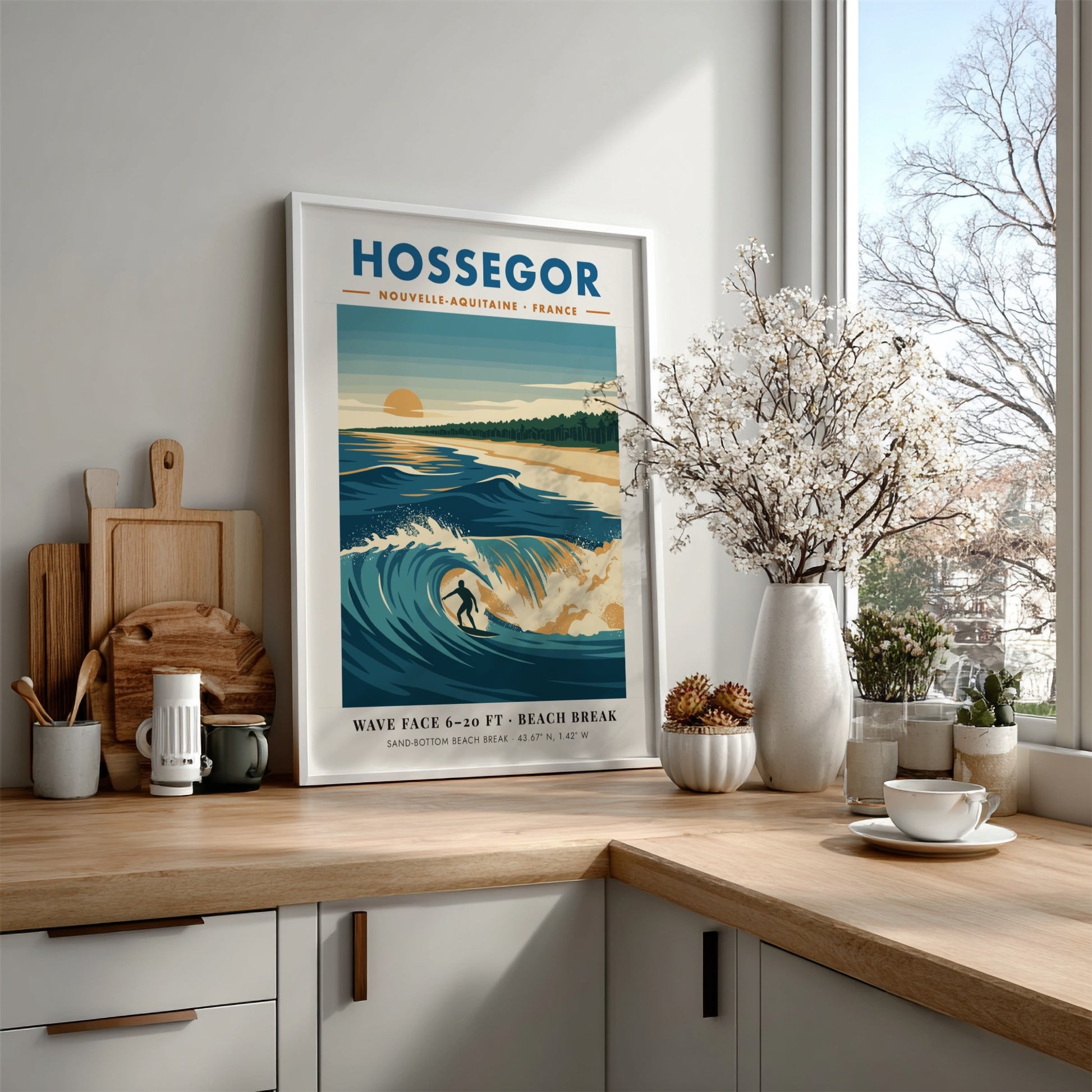 Hossegor surf poster with a lone surfer riding a blue wave at sunset