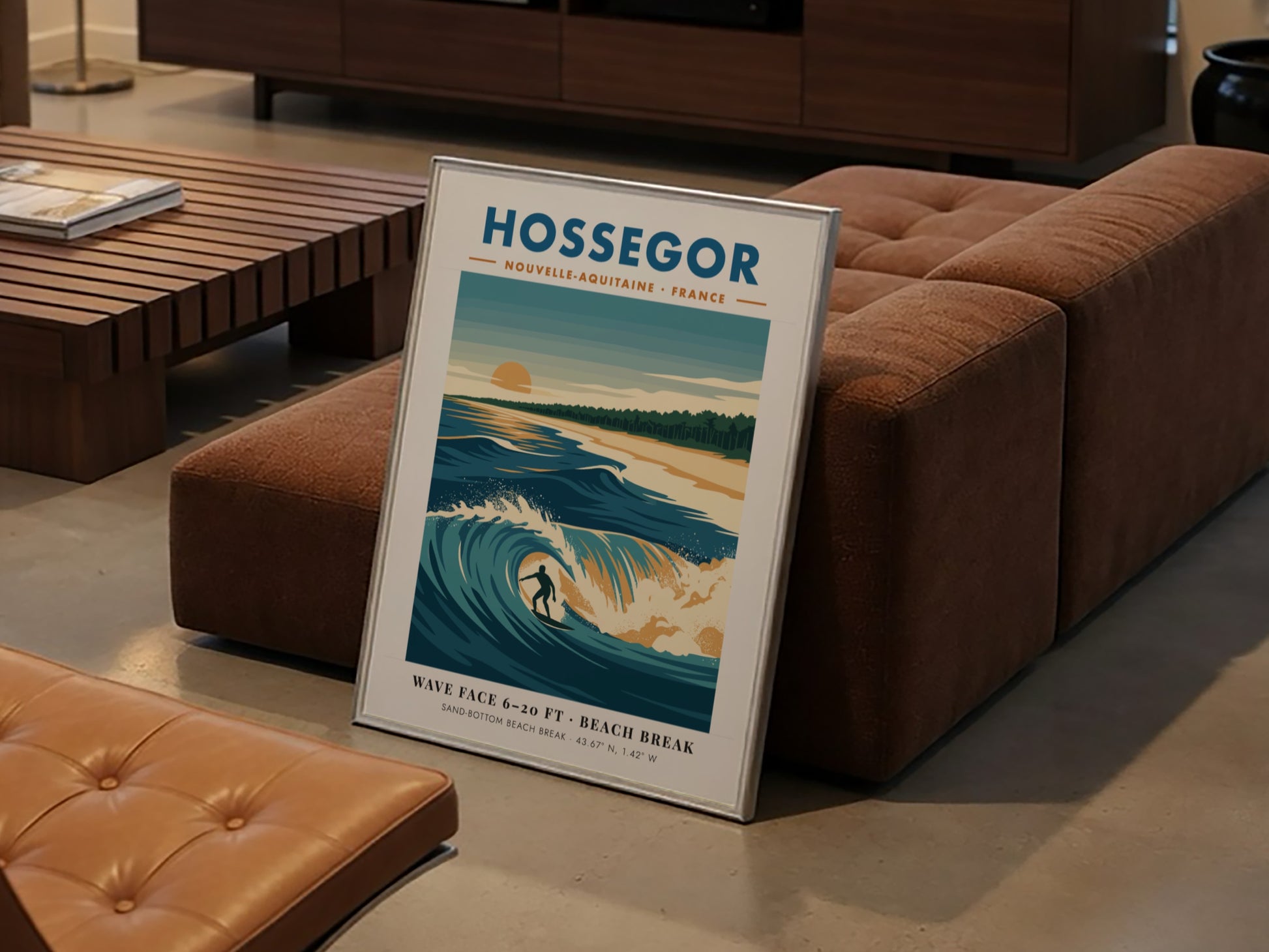 Hossegor surf poster with a lone surfer riding a blue wave at sunset
