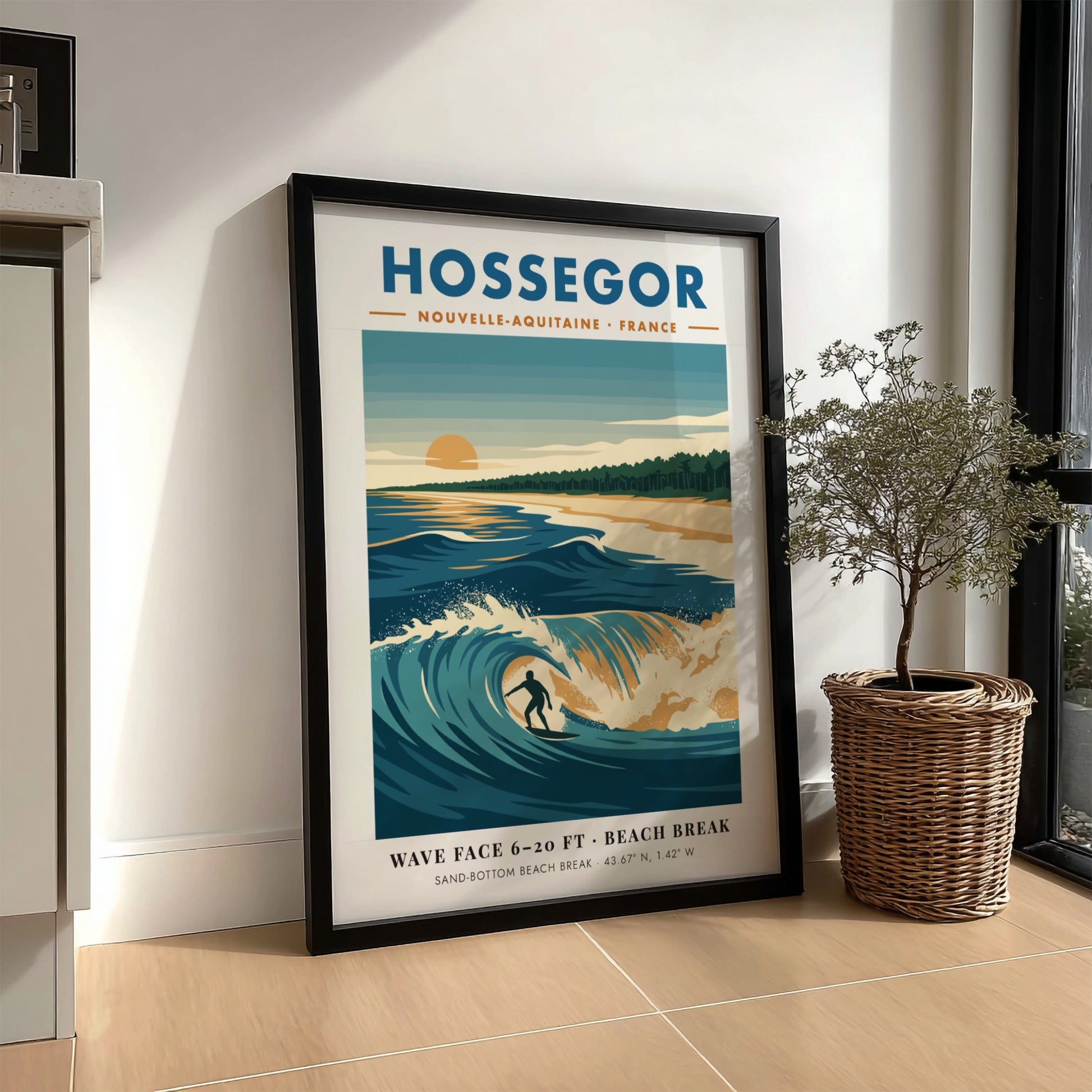 Hossegor surf poster with a lone surfer riding a blue wave at sunset