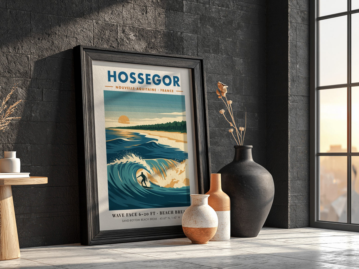 Hossegor surf poster with a lone surfer riding a blue wave at sunset