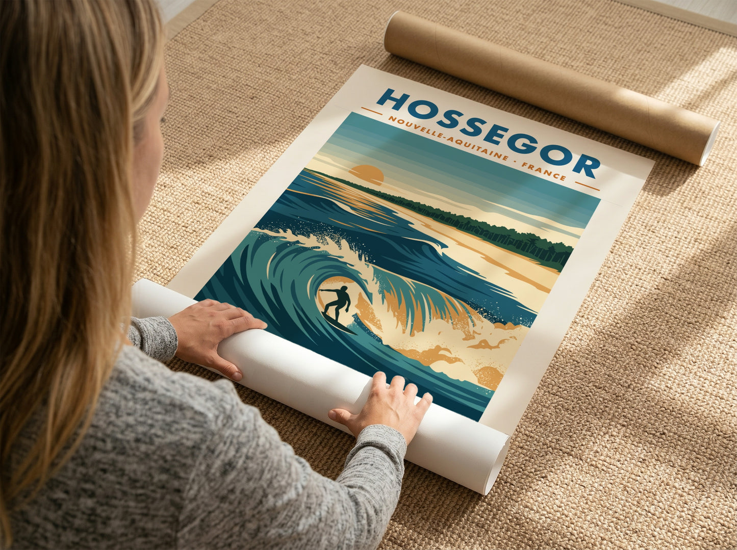 Hossegor surf poster with a lone surfer riding a blue wave at sunset