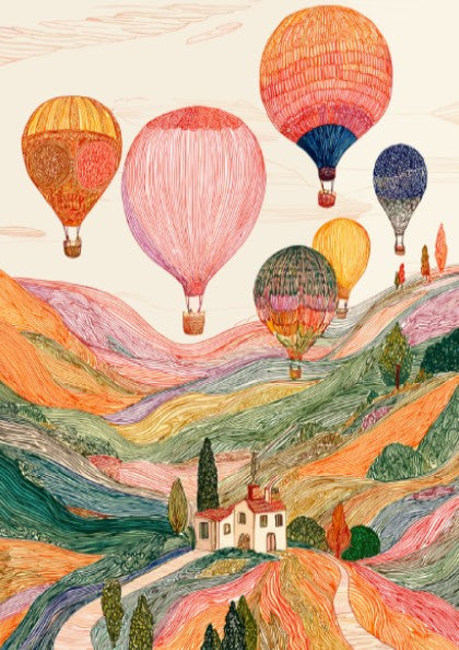 Whimsical hot air balloons poster featuring a colorful landscape illustration with rolling hills and vintage
