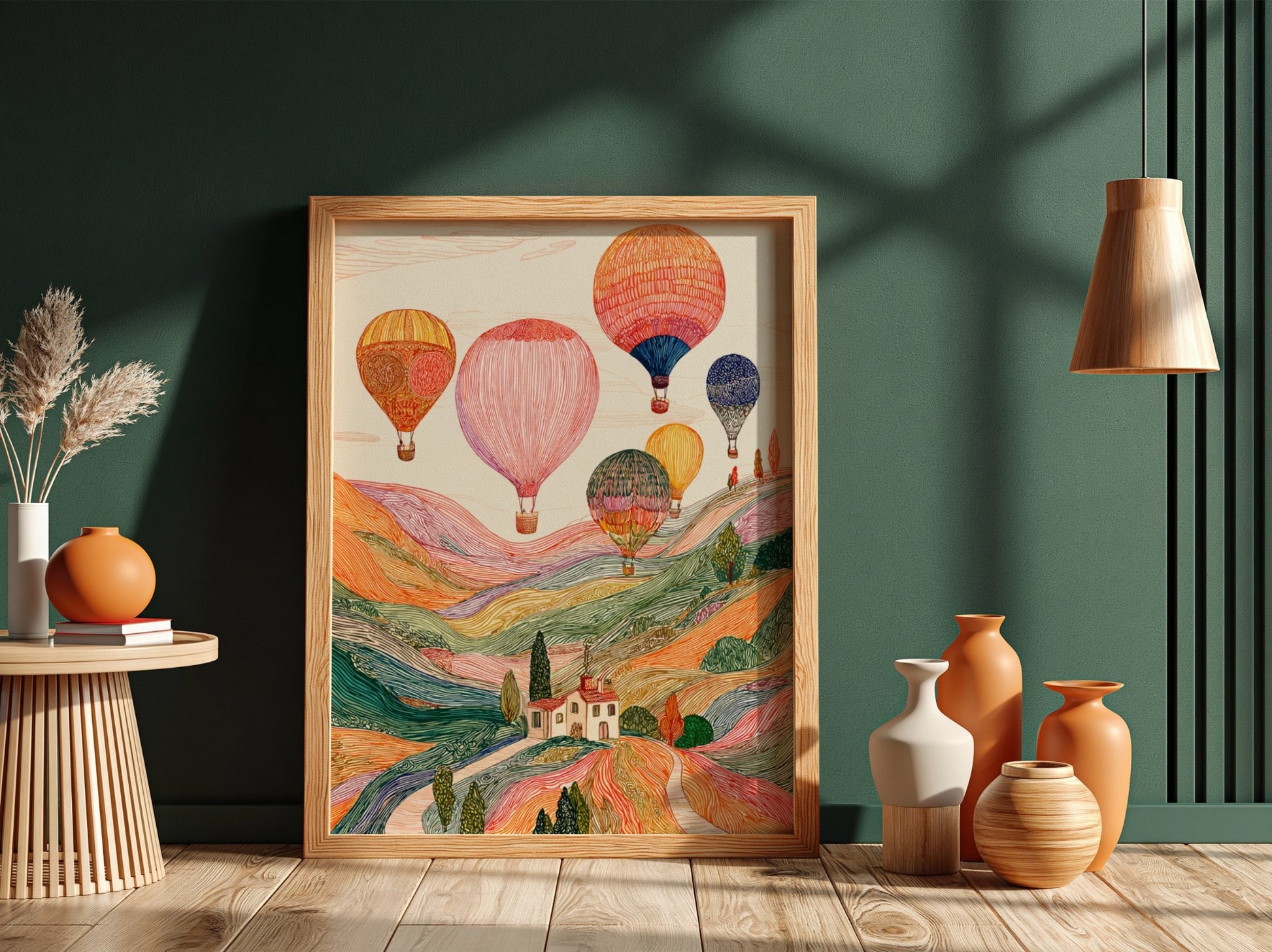 Whimsical hot air balloons poster featuring a colorful landscape illustration with rolling hills and vintage