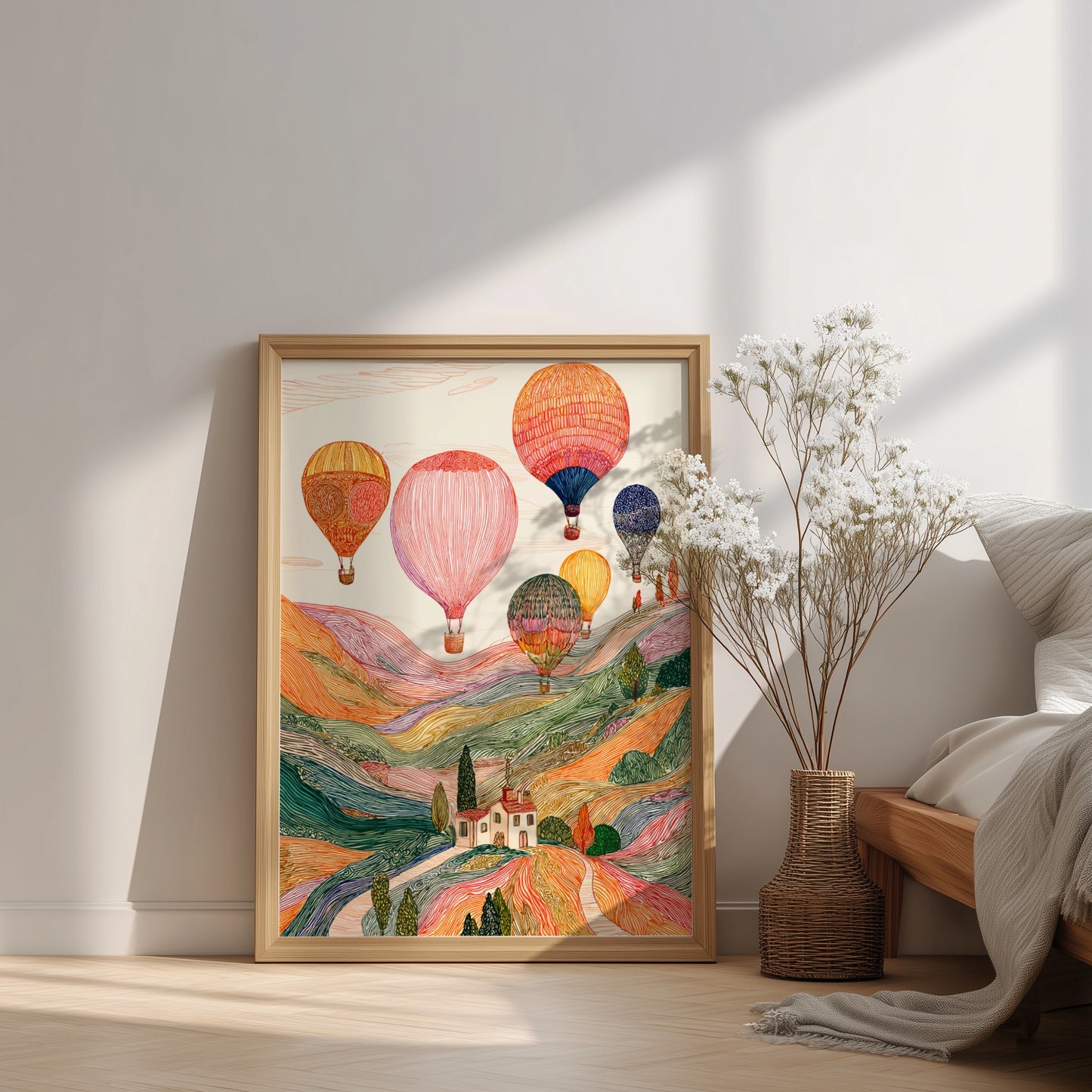 Whimsical hot air balloons poster featuring a colorful landscape illustration with rolling hills and vintage
