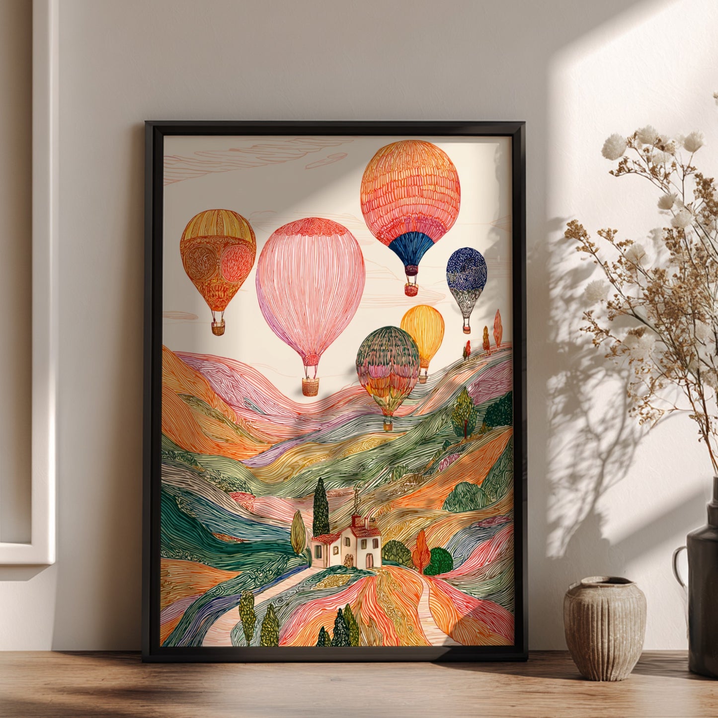 Whimsical hot air balloons poster featuring a colorful landscape illustration with rolling hills and vintage
