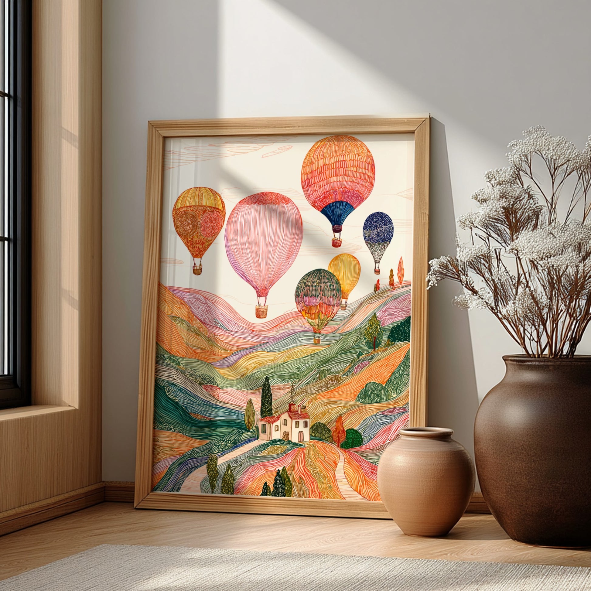Whimsical hot air balloons poster featuring a colorful landscape illustration with rolling hills and vintage