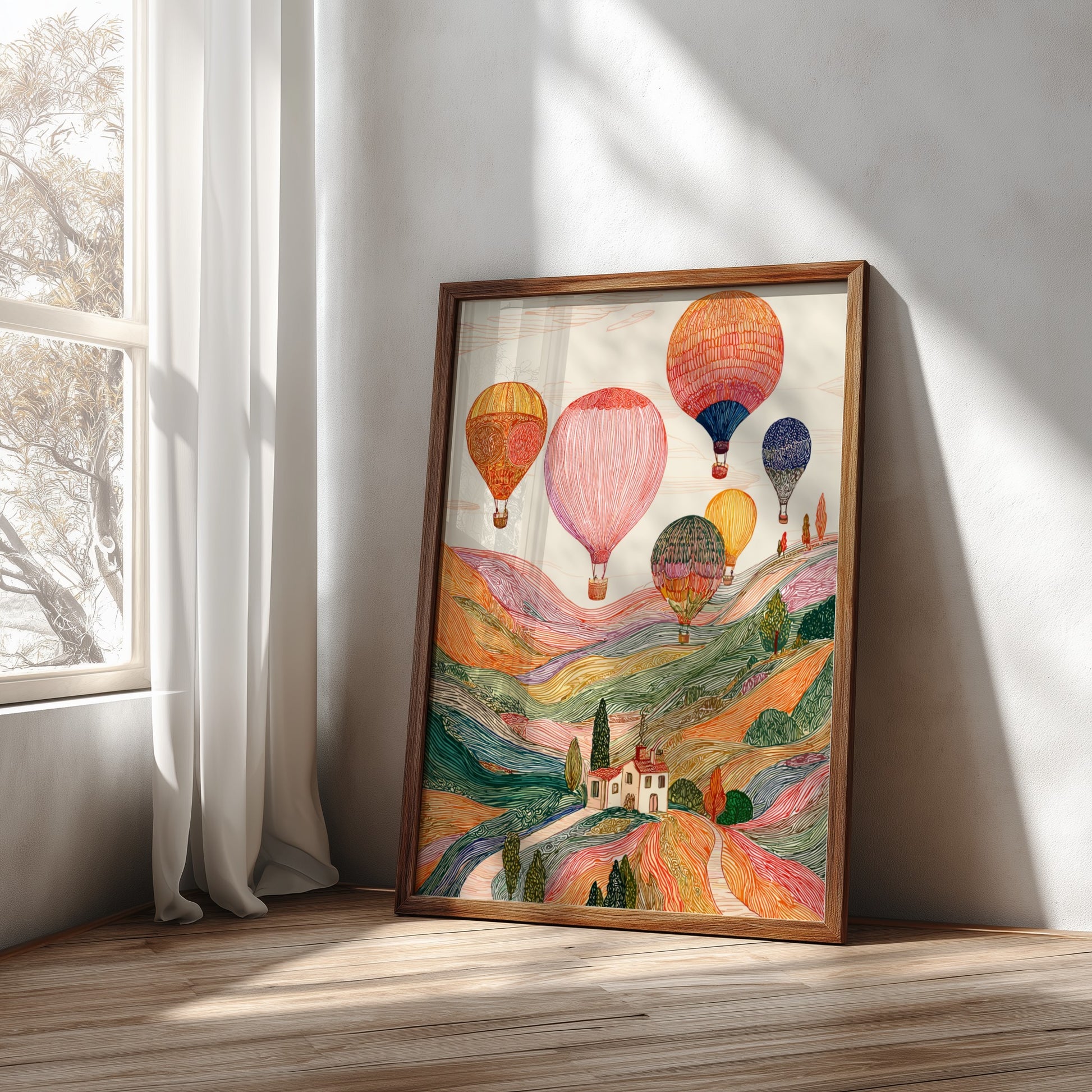 Whimsical hot air balloons poster featuring a colorful landscape illustration with rolling hills and vintage