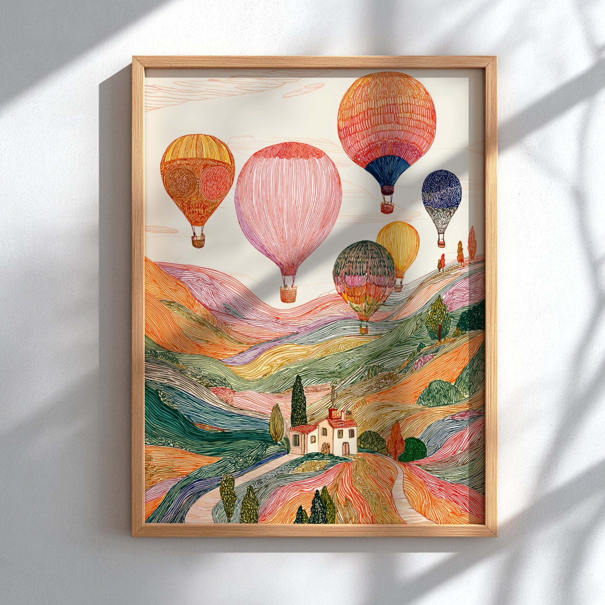 Whimsical hot air balloons poster featuring a colorful landscape illustration with rolling hills and vintage