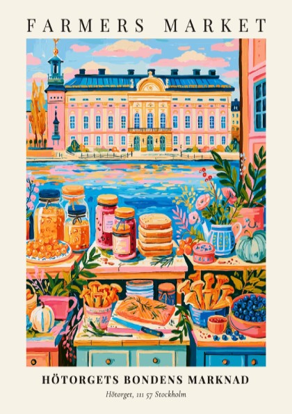 Hötorgets Bondens Marknad poster featuring colorful produce and a scenic backdrop, vibrant wall art for home