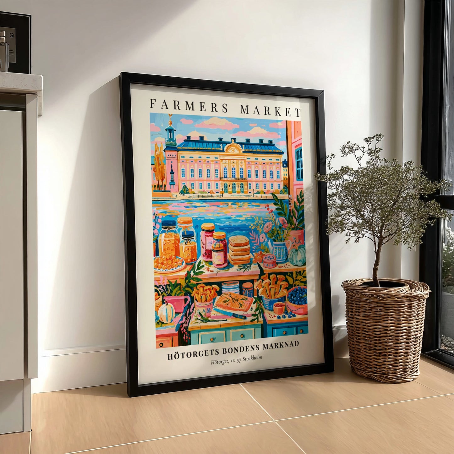 Hötorgets Bondens Marknad poster featuring colorful produce and a scenic backdrop, vibrant wall art for home