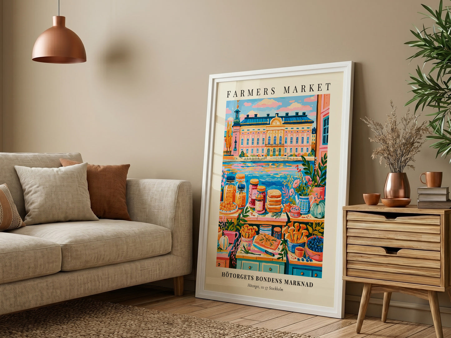 Hötorgets Bondens Marknad poster featuring colorful produce and a scenic backdrop, vibrant wall art for home