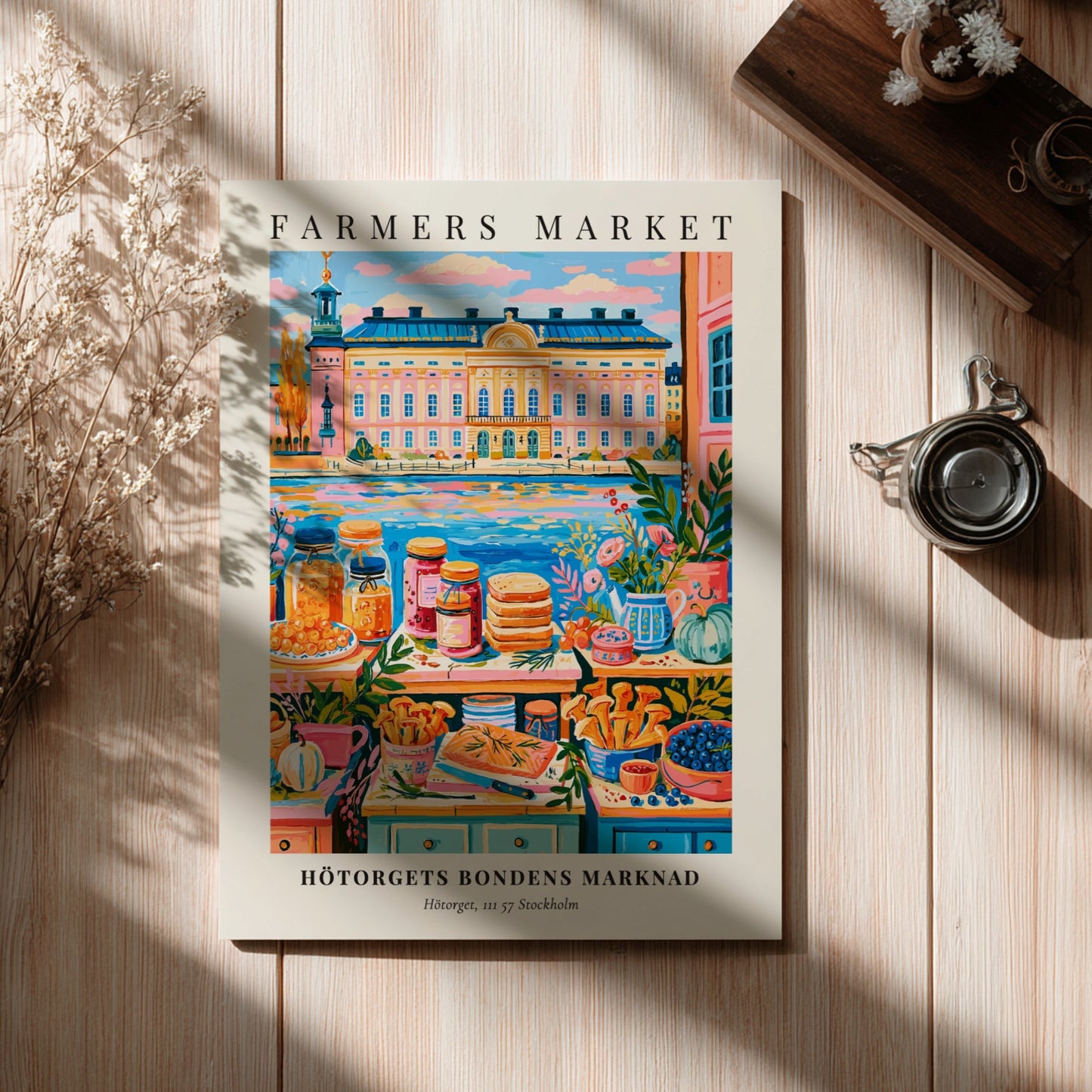 Hötorgets Bondens Marknad poster featuring colorful produce and a scenic backdrop, vibrant wall art for home