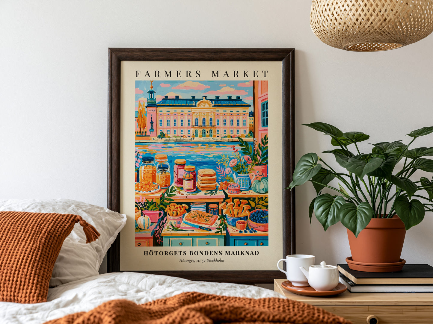 Hötorgets Bondens Marknad poster featuring colorful produce and a scenic backdrop, vibrant wall art for home