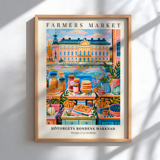 Hötorgets Bondens Marknad poster featuring colorful produce and a scenic backdrop, vibrant wall art for home