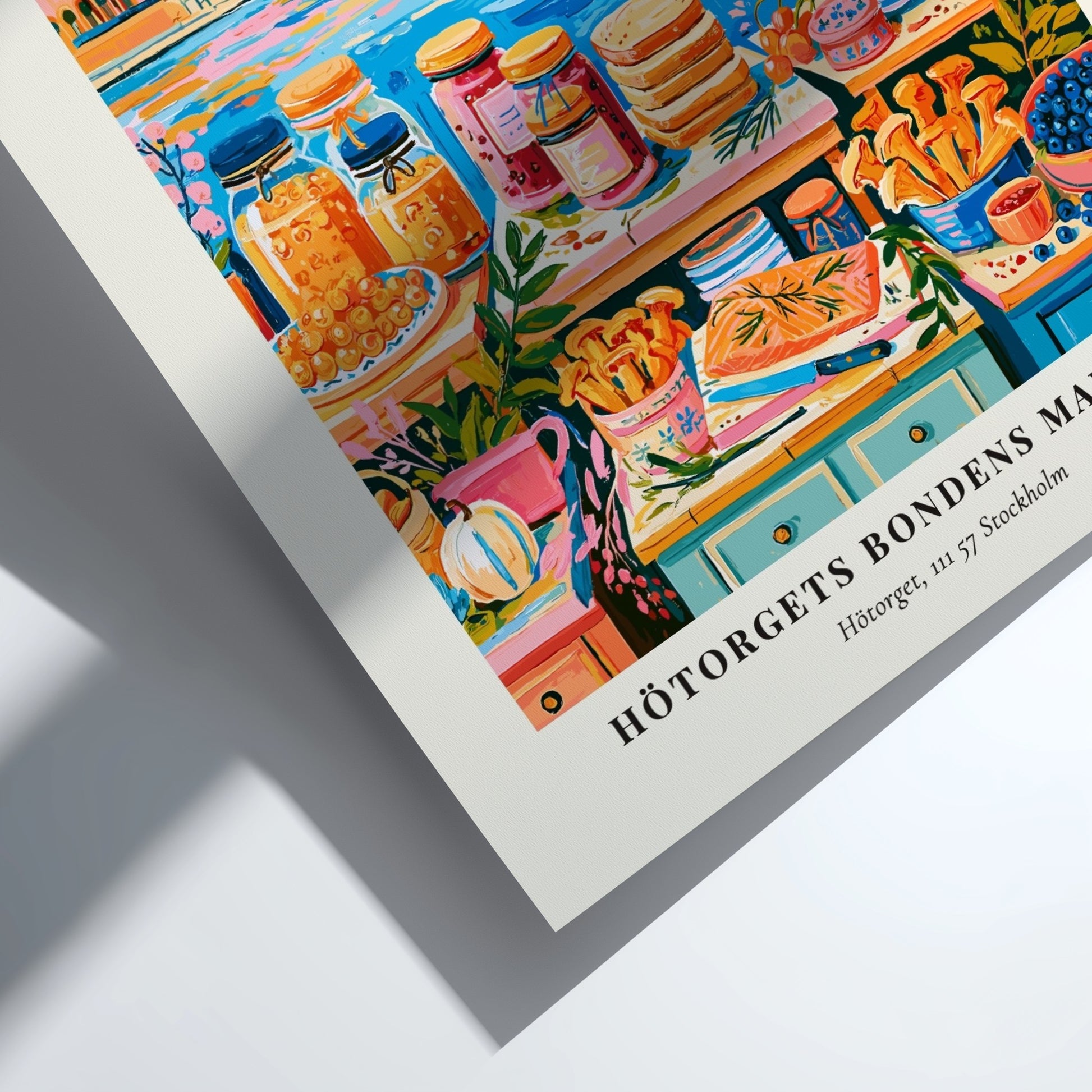 Hötorgets Bondens Marknad poster featuring colorful produce and a scenic backdrop, vibrant wall art for home