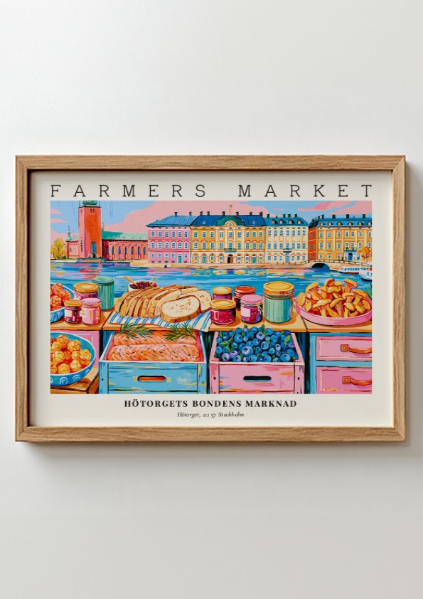 Farmers market poster featuring colorful produce and baked goods from Stockholm's Hötorget in a vibrant art