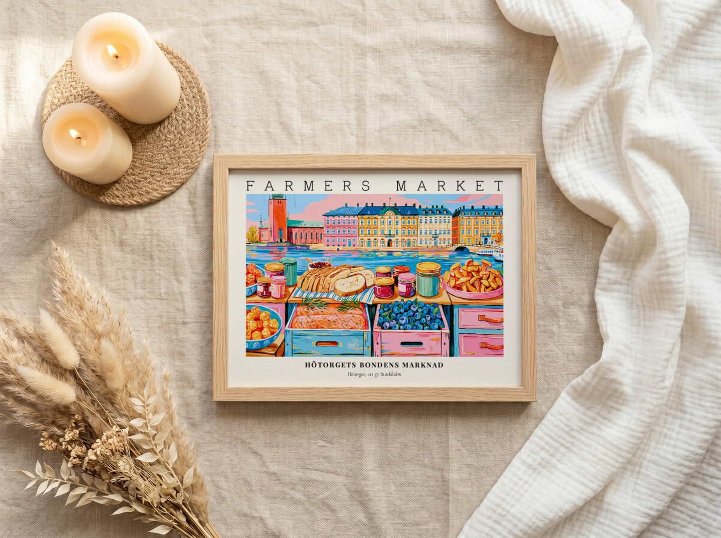 Farmers market poster featuring colorful produce and baked goods from Stockholm's Hötorget in a vibrant art