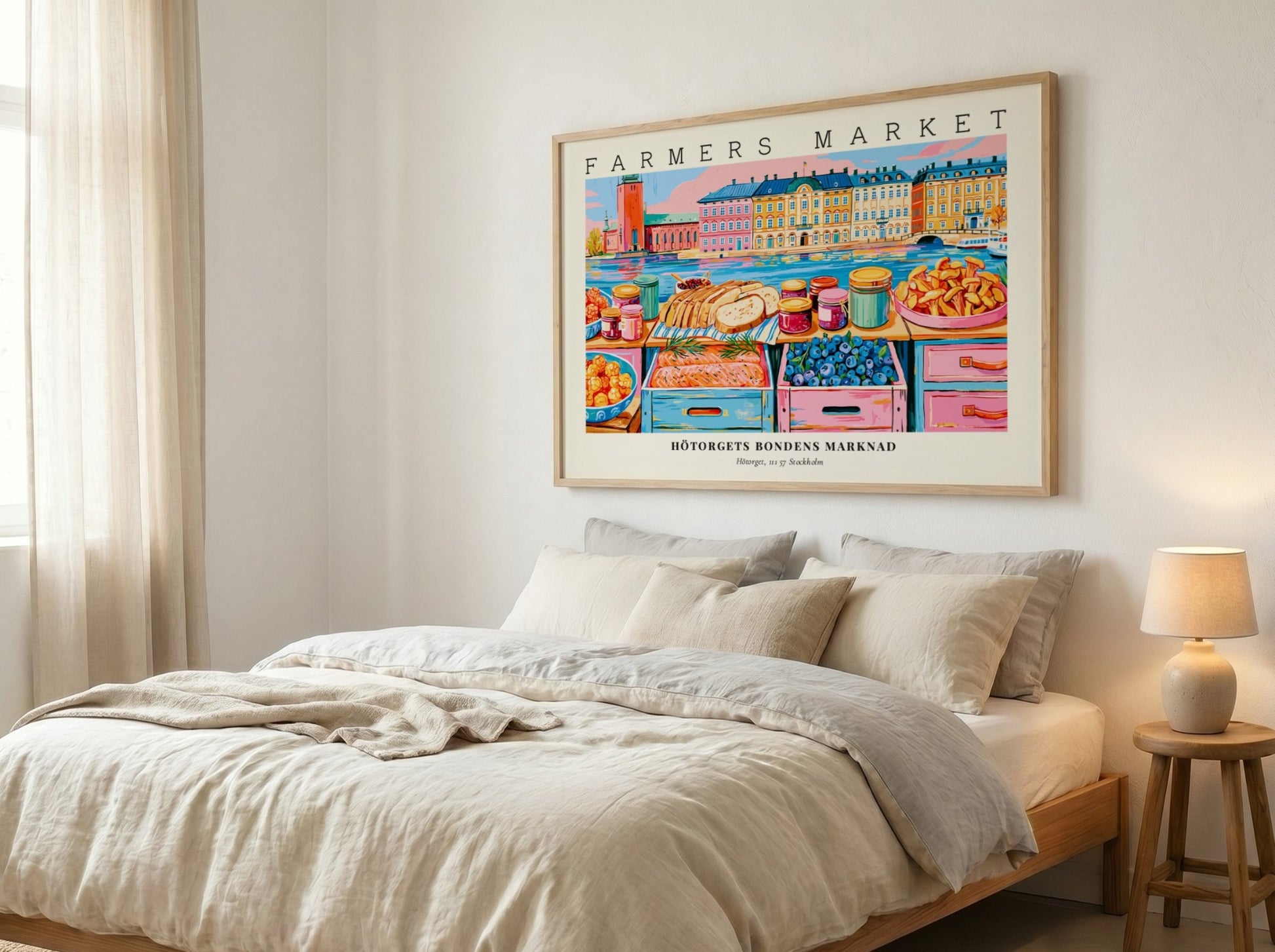Farmers market poster featuring colorful produce and baked goods from Stockholm's Hötorget in a vibrant art