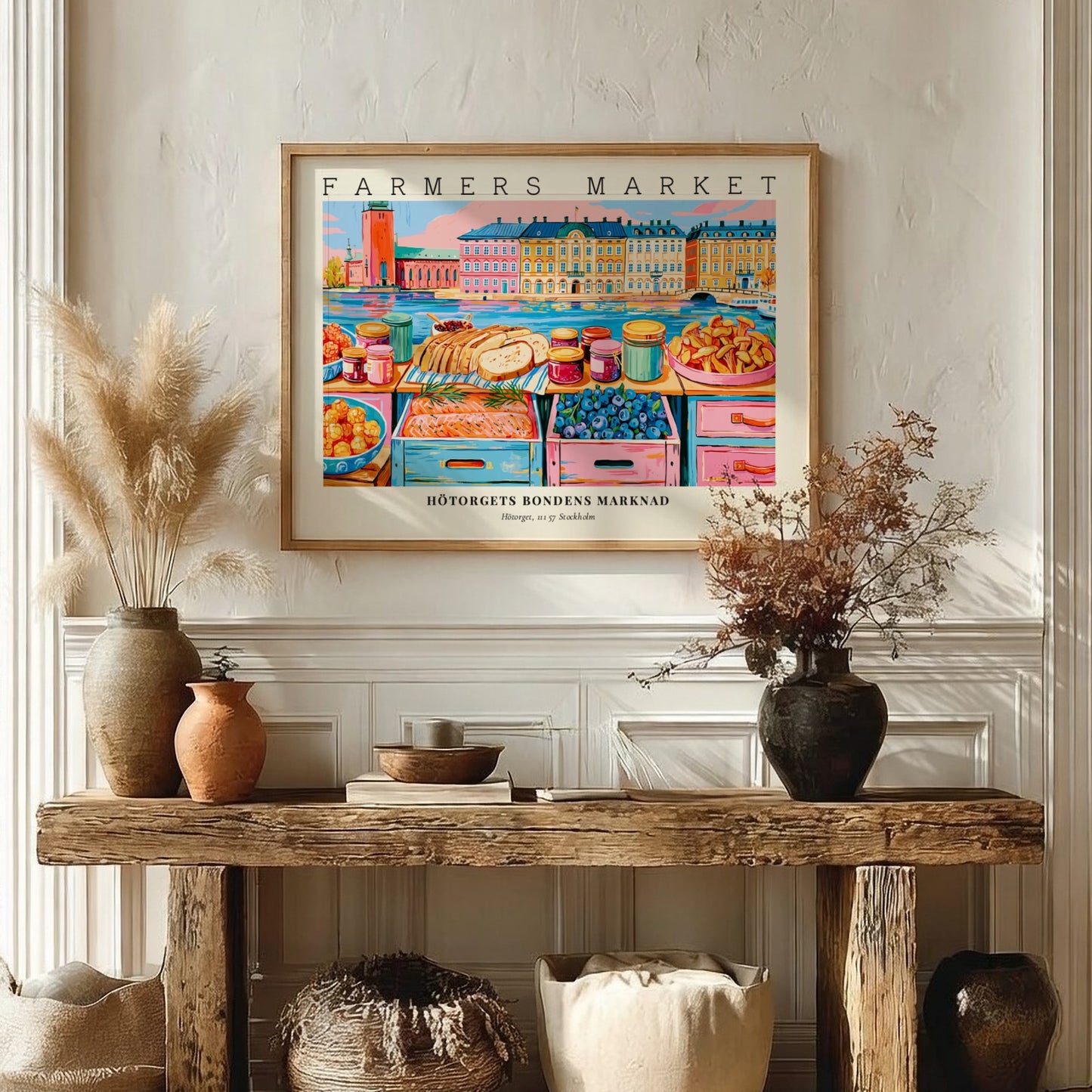 Farmers market poster featuring colorful produce and baked goods from Stockholm's Hötorget in a vibrant art