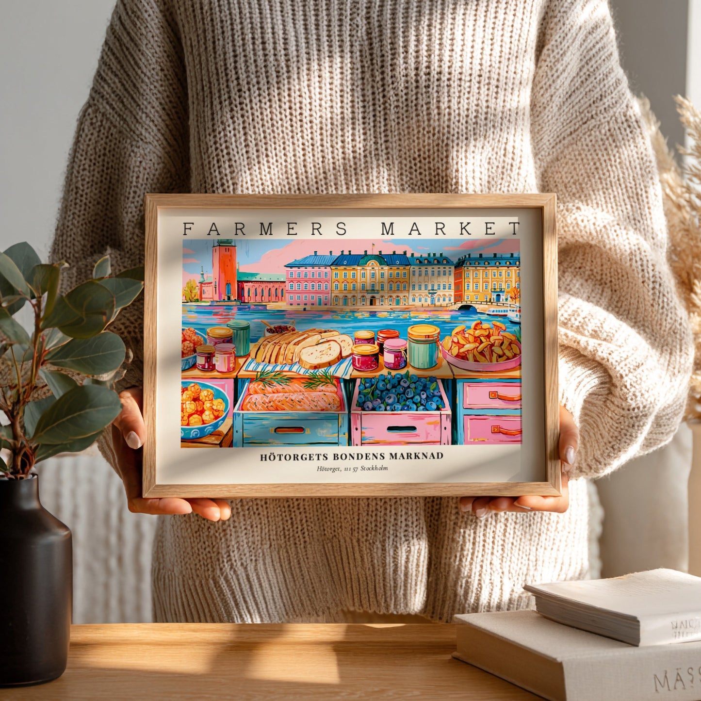 Farmers market poster featuring colorful produce and baked goods from Stockholm's Hötorget in a vibrant art