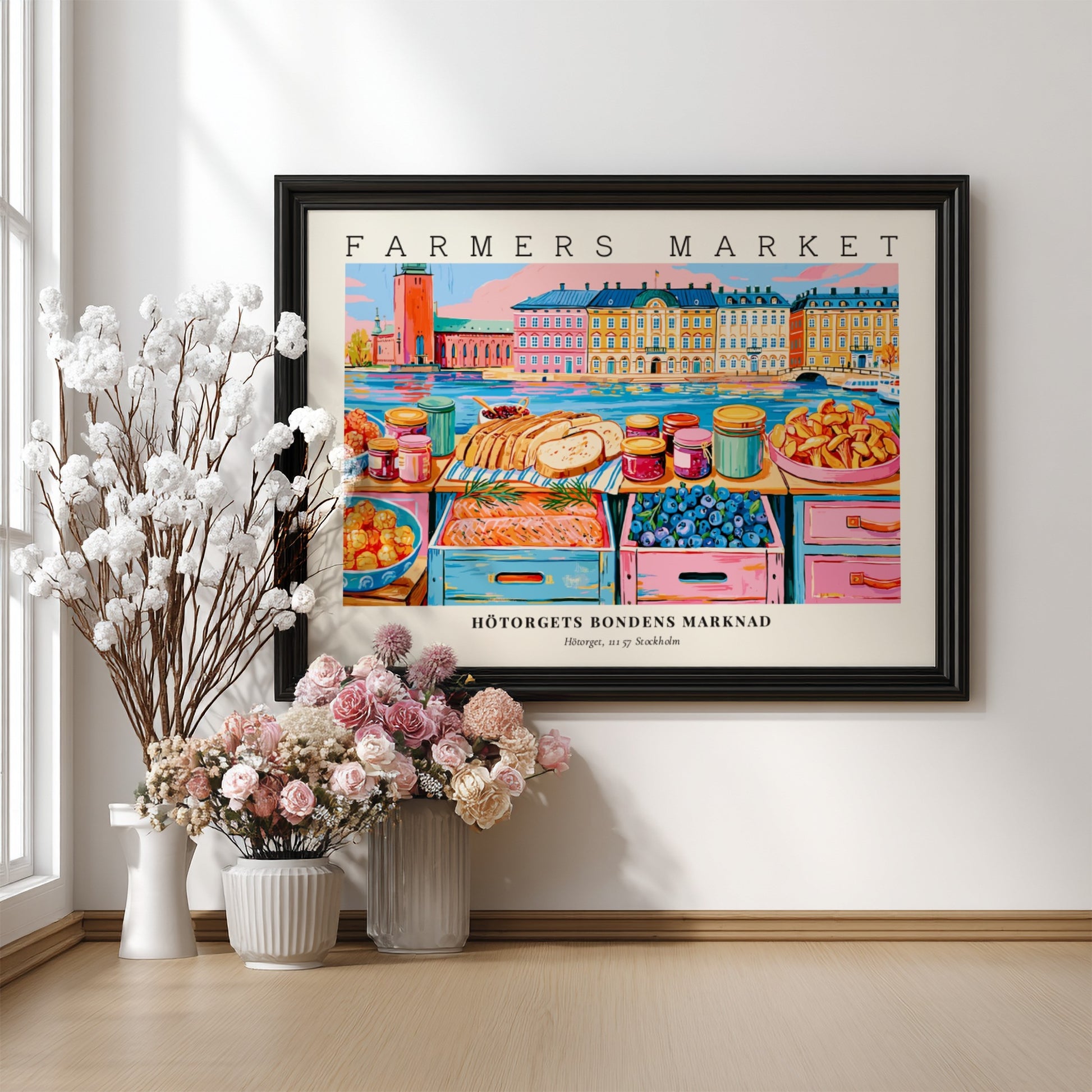 Farmers market poster featuring colorful produce and baked goods from Stockholm's Hötorget in a vibrant art