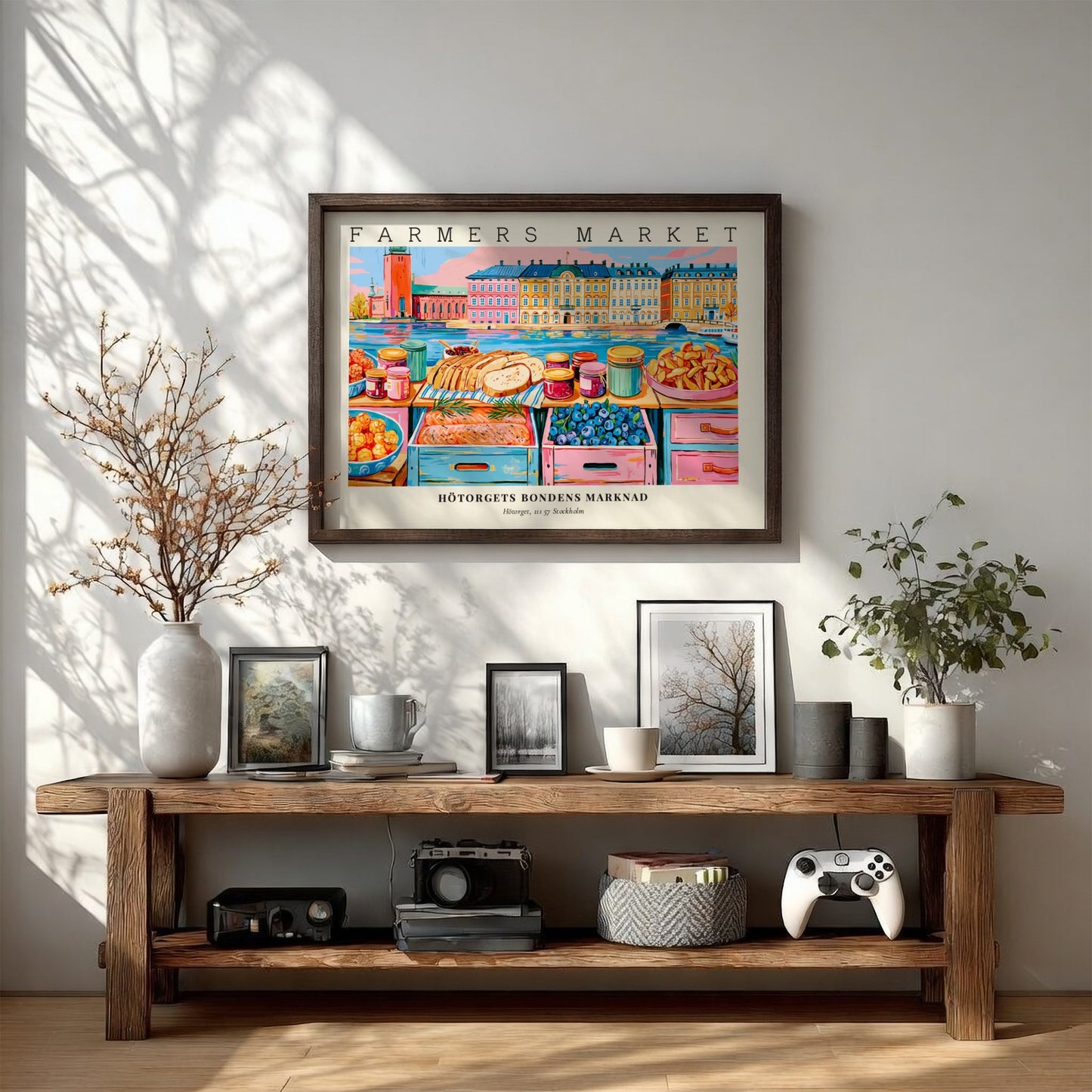 Farmers market poster featuring colorful produce and baked goods from Stockholm's Hötorget in a vibrant art