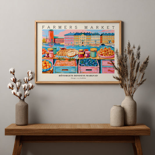 Farmers market poster featuring colorful produce and baked goods from Stockholm's Hötorget in a vibrant art
