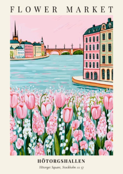 Floral art print featuring Hötorgshallen flower market with pink tulips and a serene waterfront view in soft