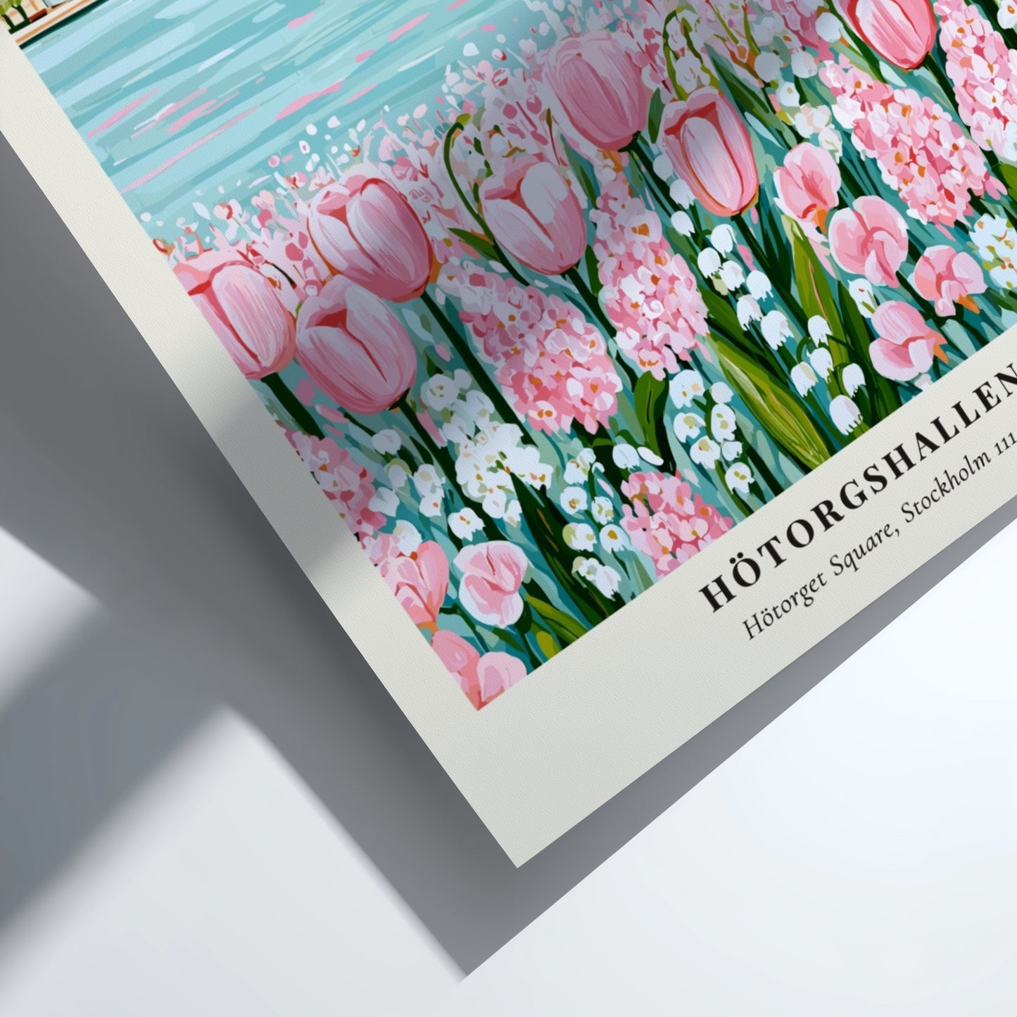 Floral art print featuring Hötorgshallen flower market with pink tulips and a serene waterfront view in soft