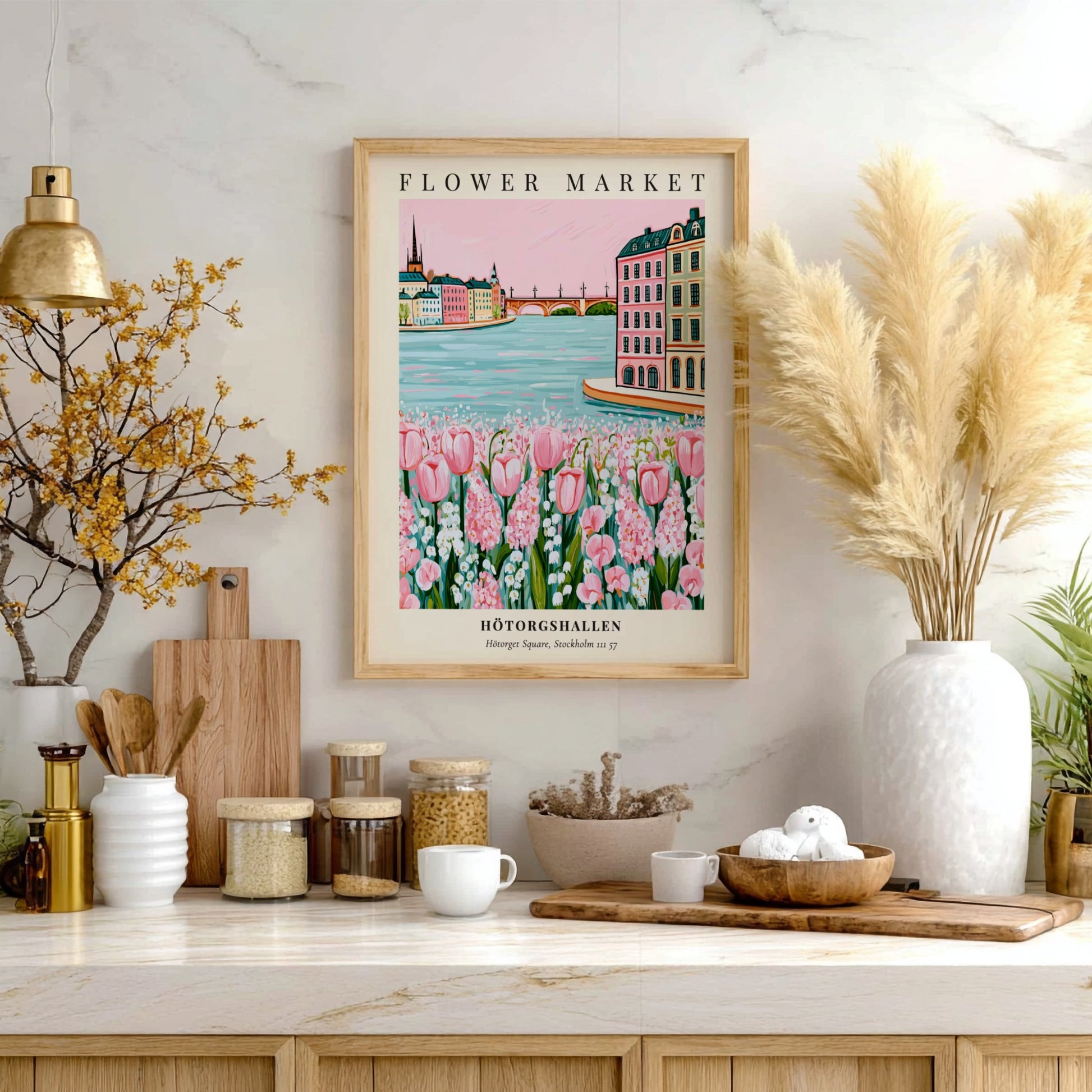 Floral art print featuring Hötorgshallen flower market with pink tulips and a serene waterfront view in soft