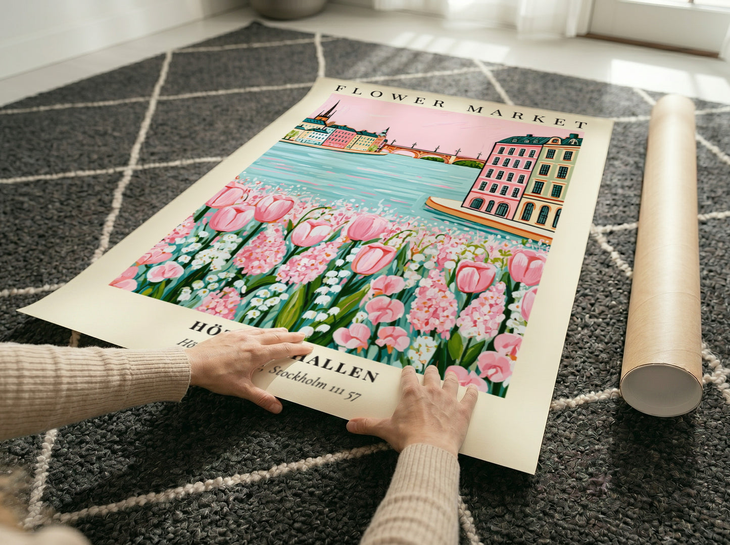 Floral art print featuring Hötorgshallen flower market with pink tulips and a serene waterfront view in soft