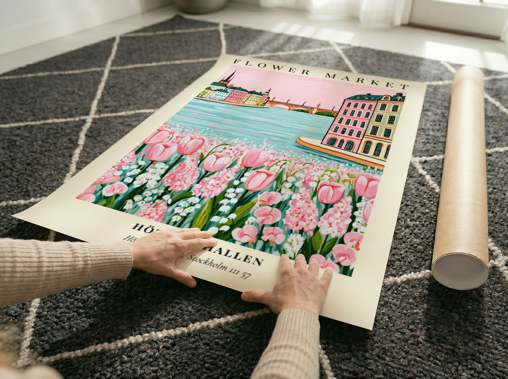 Floral art print featuring Hötorgshallen flower market with pink tulips and a serene waterfront view in soft