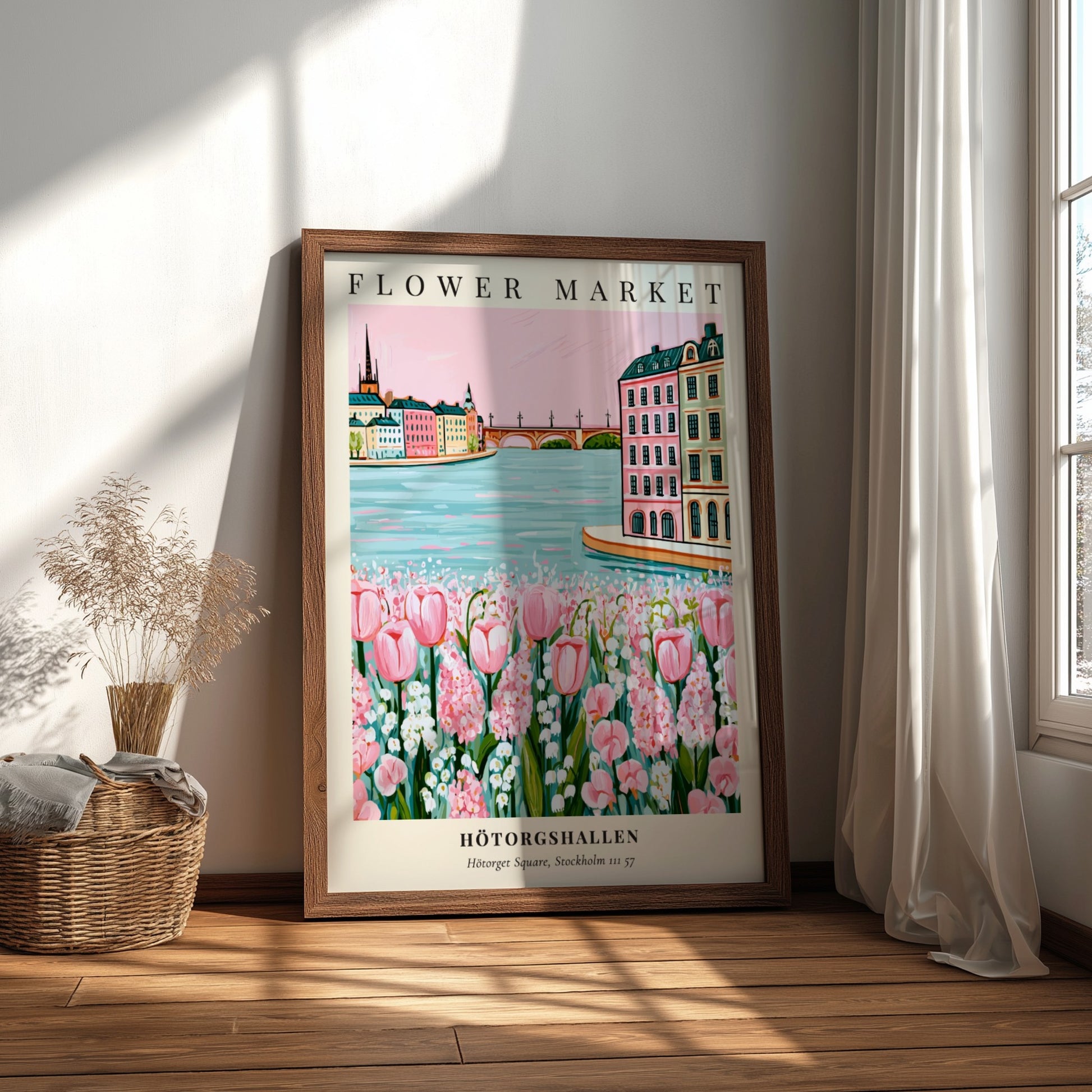 Floral art print featuring Hötorgshallen flower market with pink tulips and a serene waterfront view in soft