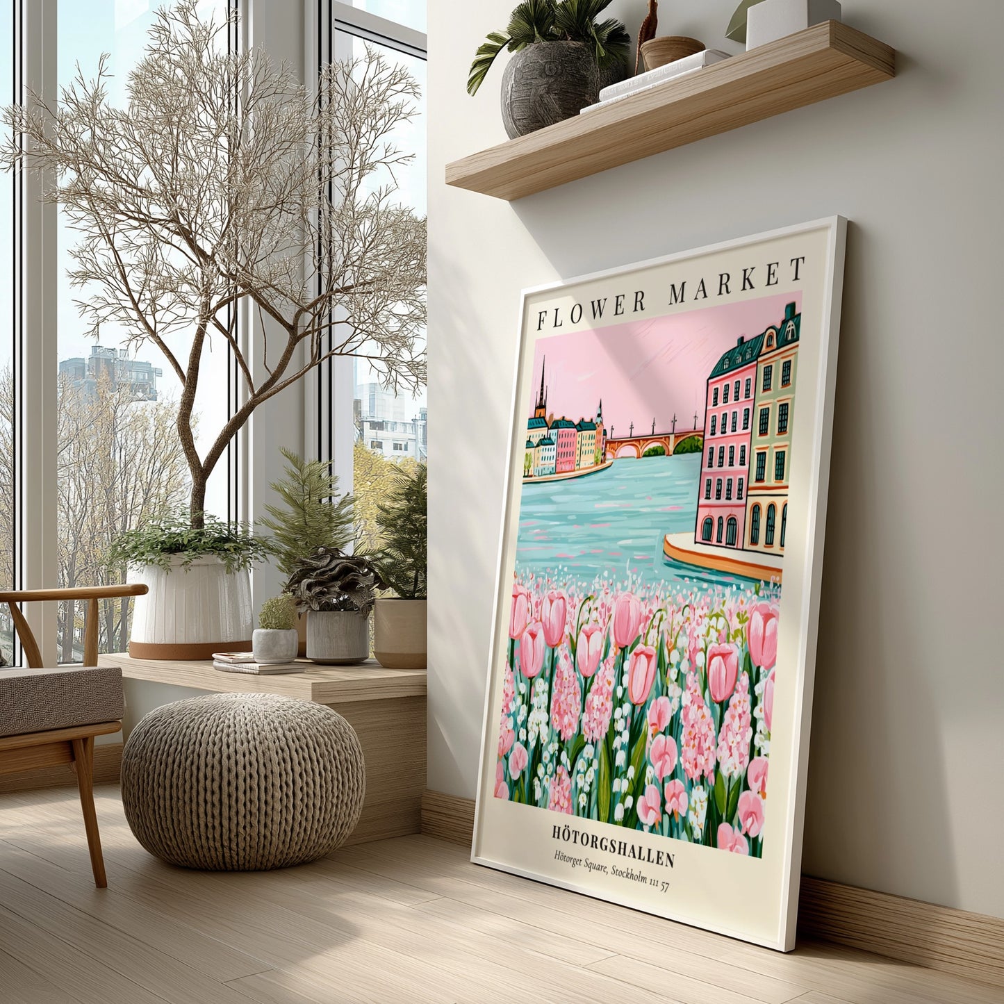 Floral art print featuring Hötorgshallen flower market with pink tulips and a serene waterfront view in soft
