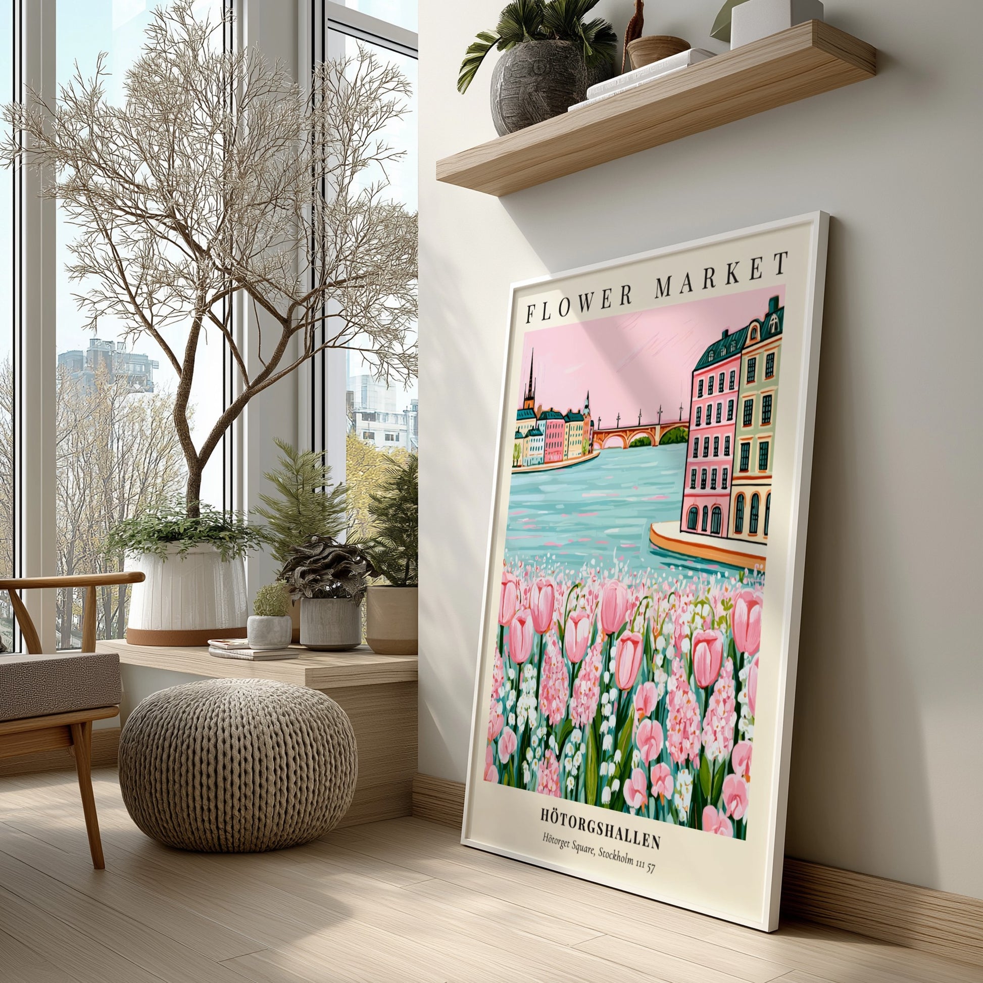Floral art print featuring Hötorgshallen flower market with pink tulips and a serene waterfront view in soft
